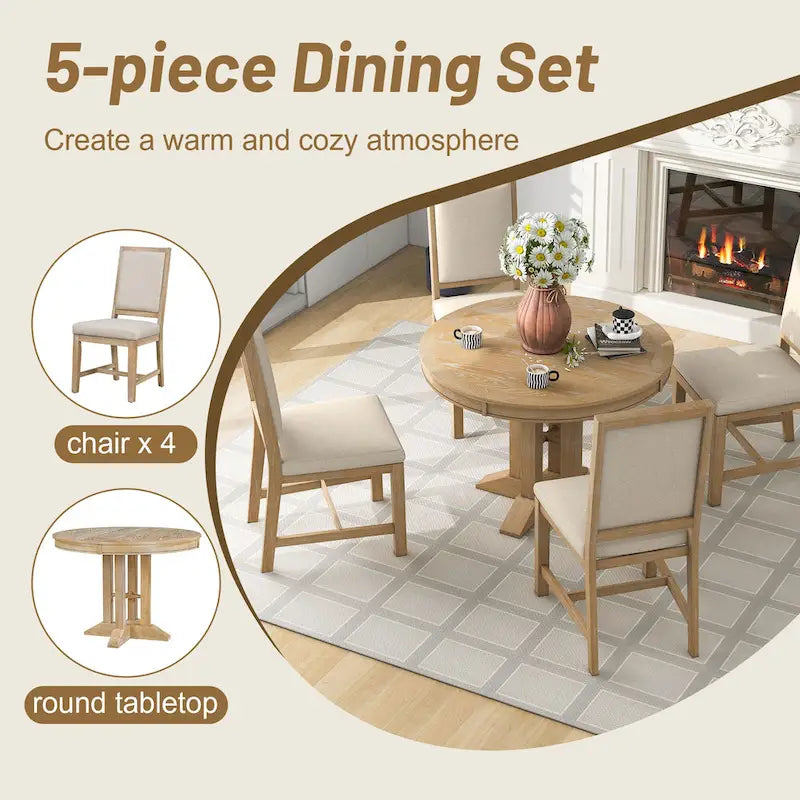 Ensembles de table et chaises de salle à manger rustiques, ensembles de table et chaises rondes extensibles avec plateau réglable pour salle à manger