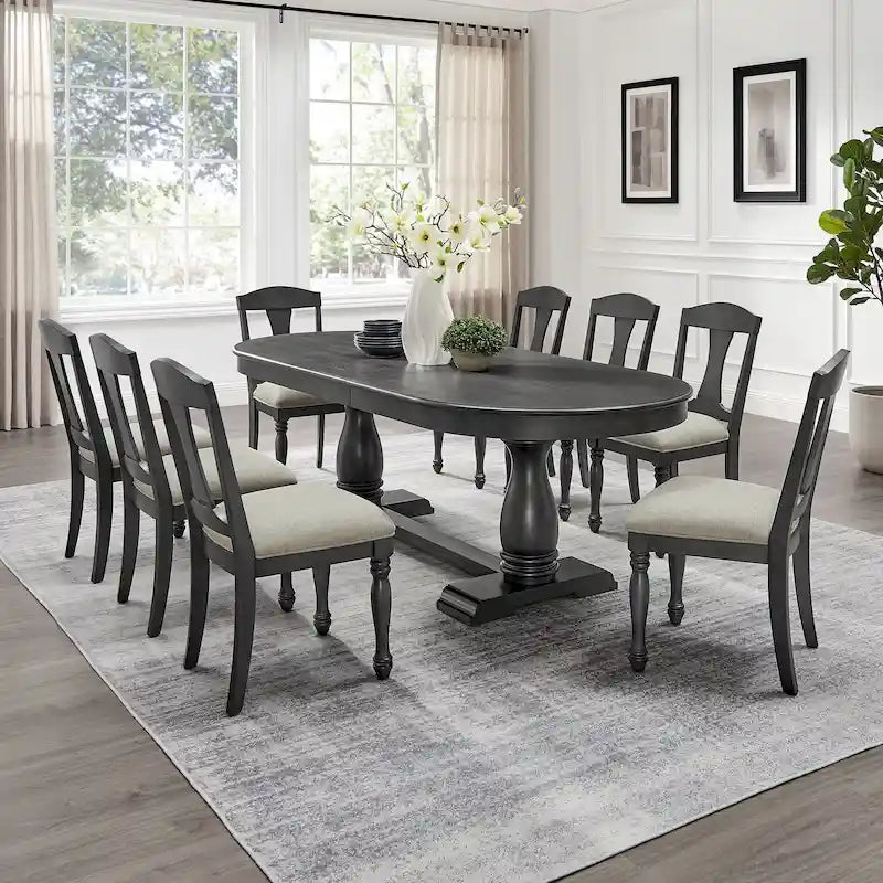 Ensemble de salle à manger 7 pièces en bois massif, ensemble de table de salle à manger extensible de cuisine avec table incurvée et 6 chaises rembourrées