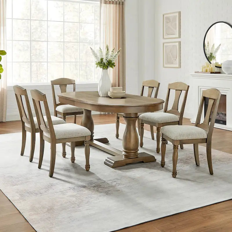 Ensemble de salle à manger 7 pièces en bois massif, ensemble de table de salle à manger extensible de cuisine avec table incurvée et 6 chaises rembourrées