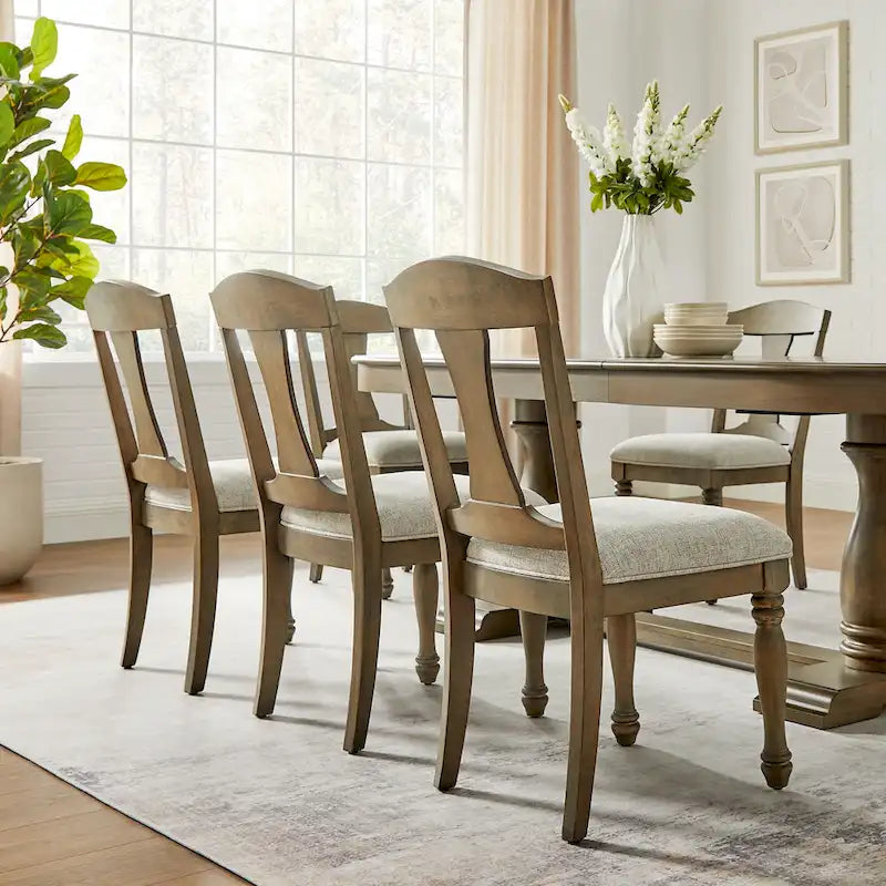 Ensemble de salle à manger 7 pièces en bois massif, ensemble de table de salle à manger extensible de cuisine avec table incurvée et 6 chaises rembourrées