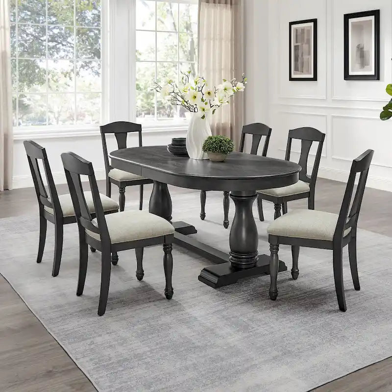 Ensemble de salle à manger 7 pièces en bois massif, ensemble de table de salle à manger extensible de cuisine avec table incurvée et 6 chaises rembourrées
