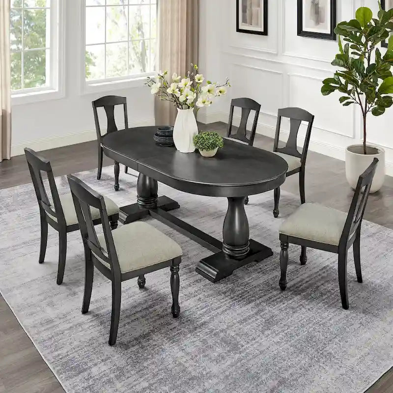Ensemble de salle à manger 7 pièces en bois massif, ensemble de table de salle à manger extensible de cuisine avec table incurvée et 6 chaises rembourrées