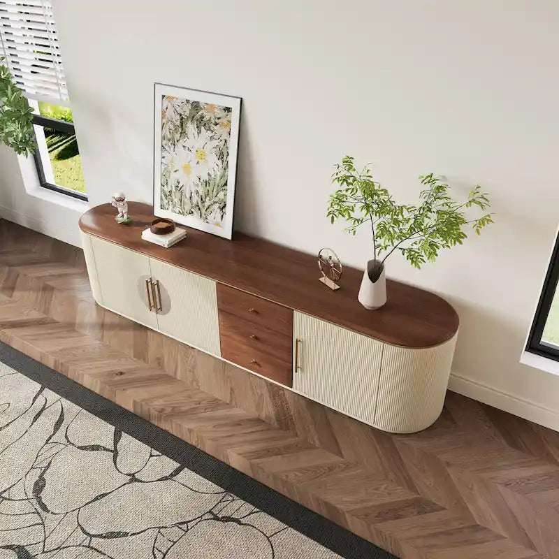 78.74 Meubles TV de style Mid-Century, Placage en Bois Massif Marron, Console multimédia avec 5 armoires, 3 tiroirs, Beige, Entièrement assemblé - 78.74