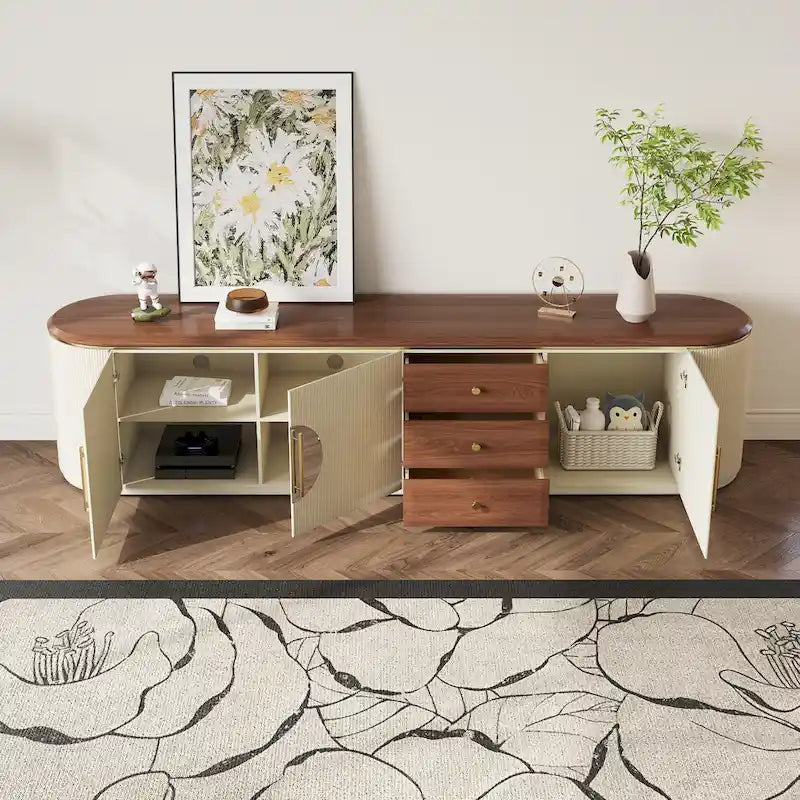 78.74 Meubles TV de style Mid-Century, Placage en Bois Massif Marron, Console multimédia avec 5 armoires, 3 tiroirs, Beige, Entièrement assemblé - 78.74