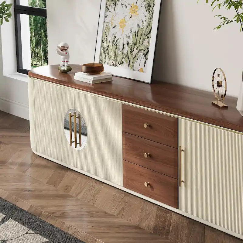 78.74 Meubles TV de style Mid-Century, Placage en Bois Massif Marron, Console multimédia avec 5 armoires, 3 tiroirs, Beige, Entièrement assemblé - 78.74