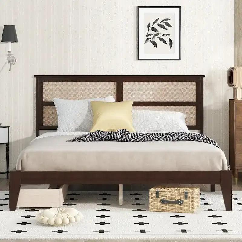 Lit King Size avec tête de lit en rotin, 2 tiroirs de rangement, lit en bois d'hévéa avec lattes et pieds de support améliorés, chêne blanc
