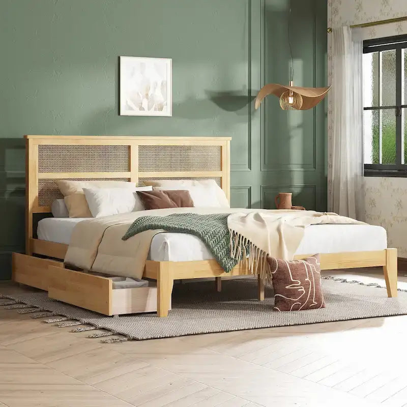 Lit King Size avec tête de lit en rotin, 2 tiroirs de rangement, lit en bois d'hévéa avec lattes et pieds de support améliorés, chêne blanc
