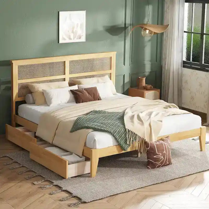 Lit King Size avec tête de lit en rotin, 2 tiroirs de rangement, lit en bois d'hévéa avec lattes et pieds de support améliorés, chêne blanc