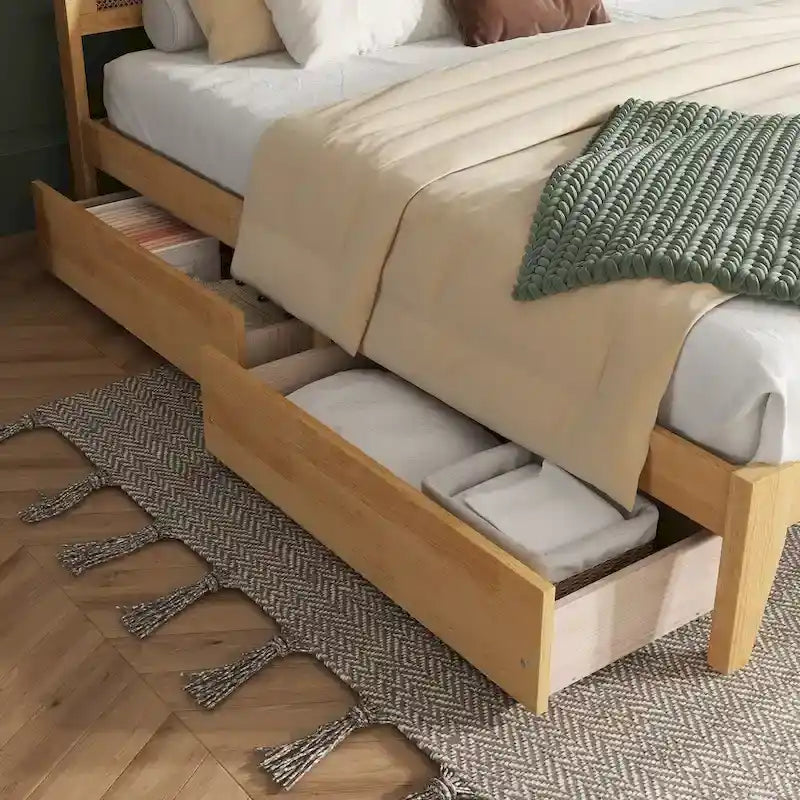 Lit King Size avec tête de lit en rotin, 2 tiroirs de rangement, lit en bois d'hévéa avec lattes et pieds de support améliorés, chêne blanc