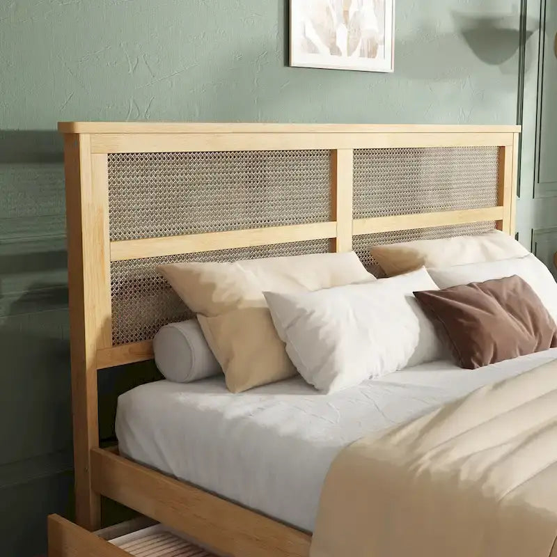 Lit King Size avec tête de lit en rotin, 2 tiroirs de rangement, lit en bois d'hévéa avec lattes et pieds de support améliorés, chêne blanc
