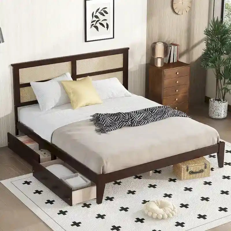 Lit King Size avec tête de lit en rotin, 2 tiroirs de rangement, lit en bois d'hévéa avec lattes et pieds de support améliorés, chêne blanc