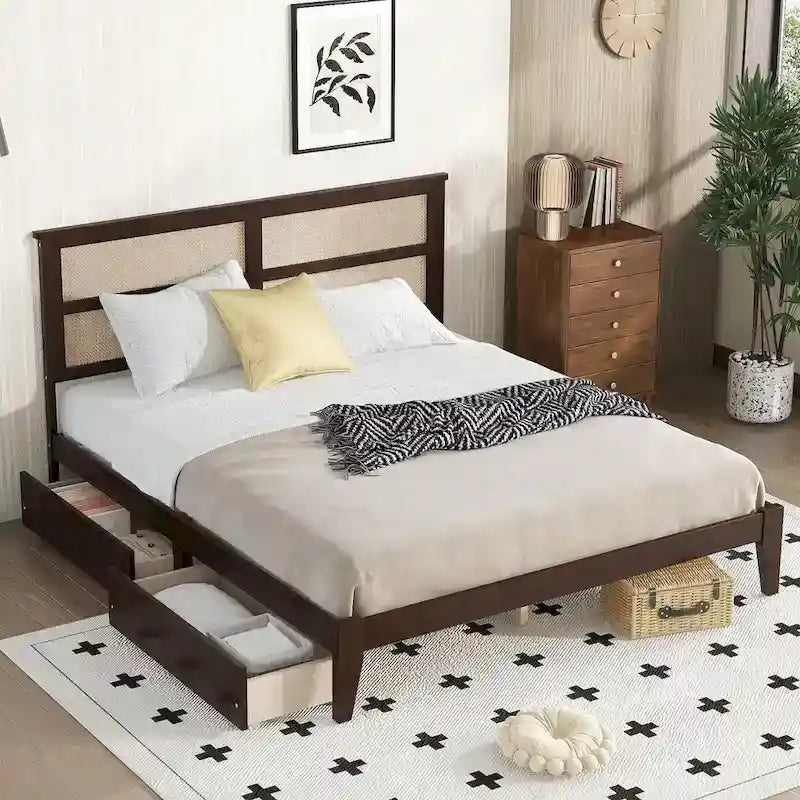 Lit King Size avec tête de lit en rotin, 2 tiroirs de rangement, lit en bois d'hévéa avec lattes et pieds de support améliorés, chêne blanc
