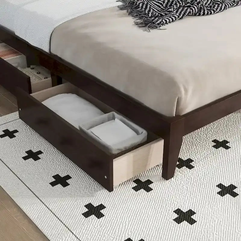 Lit King Size avec tête de lit en rotin, 2 tiroirs de rangement, lit en bois d'hévéa avec lattes et pieds de support améliorés, chêne blanc