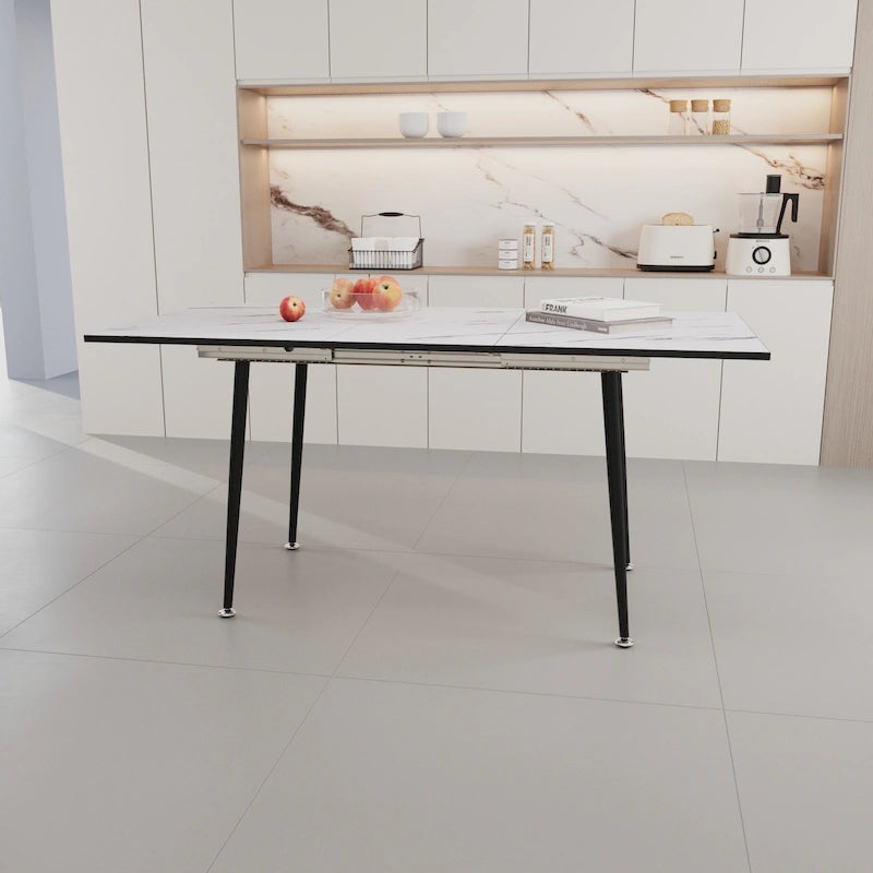 Table à manger minimaliste moderne avec pieds mats extensibles à motif marbré pour cuisine, salon ou réceptions