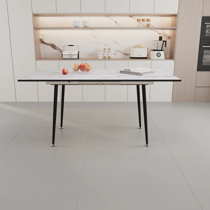 Table à manger minimaliste moderne avec pieds mats extensibles à motif marbré pour cuisine, salon ou réceptions