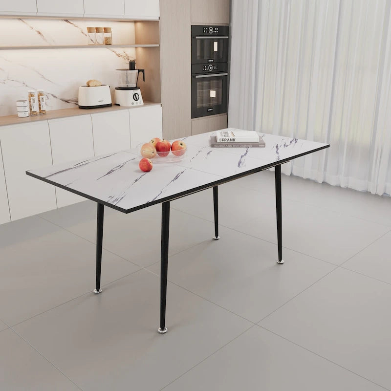 Table à manger minimaliste moderne avec pieds mats extensibles à motif marbré pour cuisine, salon ou réceptions