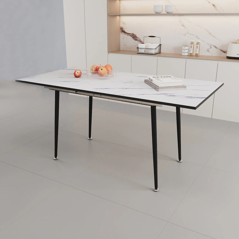 Table à manger minimaliste moderne avec pieds mats extensibles à motif marbré pour cuisine, salon ou réceptions