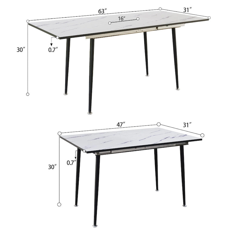 Table à manger minimaliste moderne avec pieds mats extensibles à motif marbré pour cuisine, salon ou réceptions