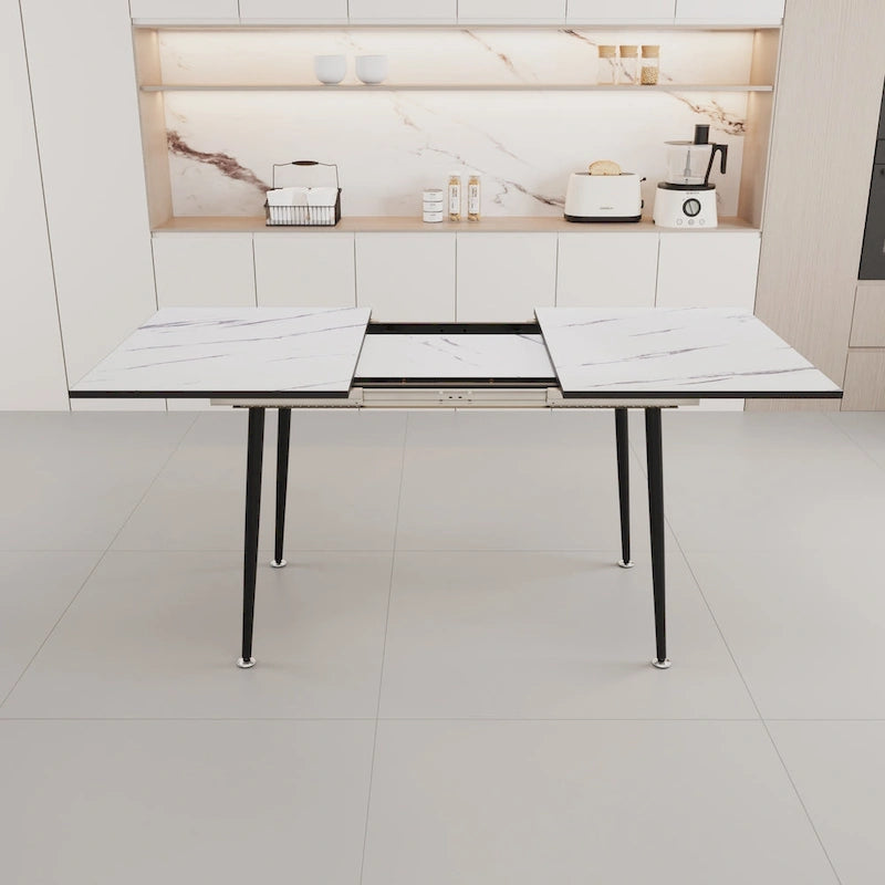 Table à manger minimaliste moderne avec pieds mats extensibles à motif marbré pour cuisine, salon ou réceptions