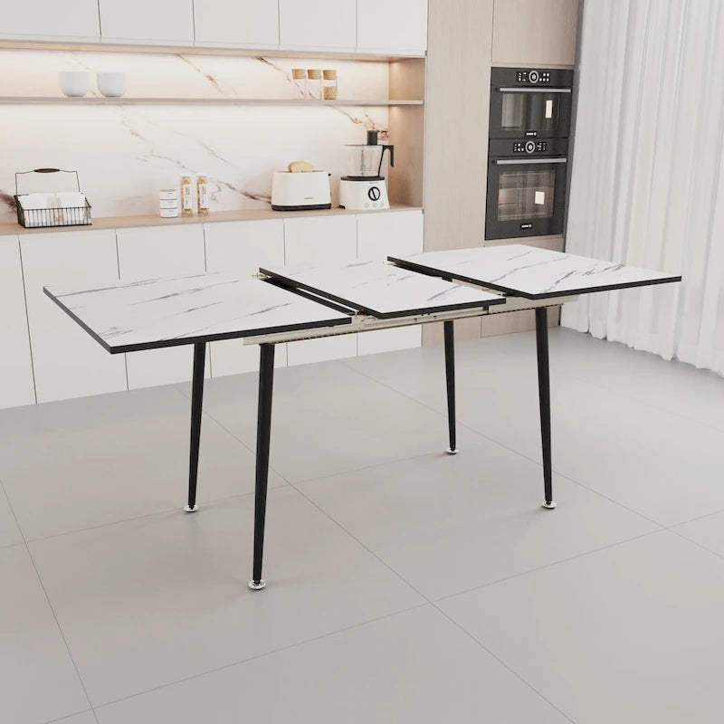 Table à manger minimaliste moderne avec pieds mats extensibles à motif marbré pour cuisine, salon ou réceptions