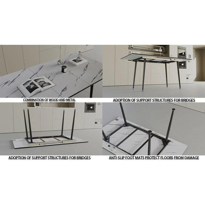 Table à manger minimaliste moderne avec pieds mats extensibles à motif marbré pour cuisine, salon ou réceptions