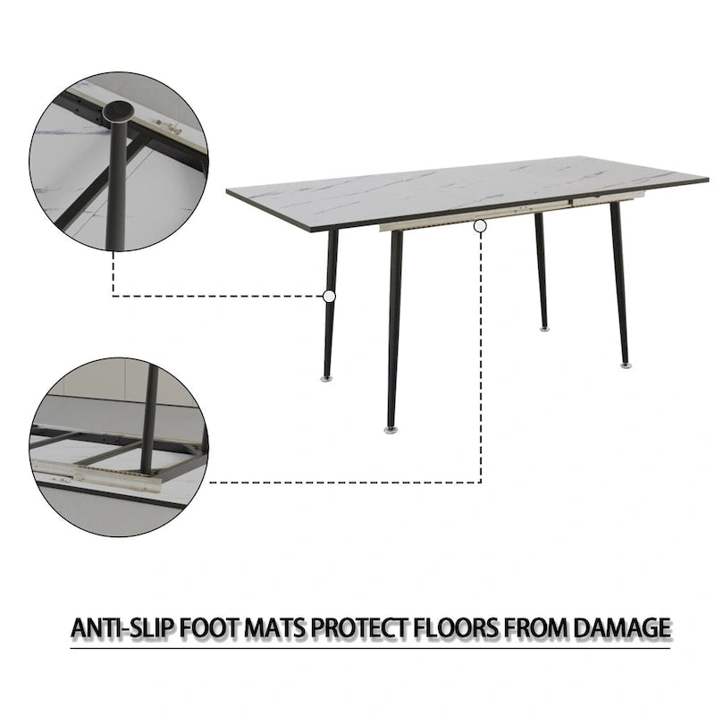 Table à manger minimaliste moderne avec pieds mats extensibles à motif marbré pour cuisine, salon ou réceptions
