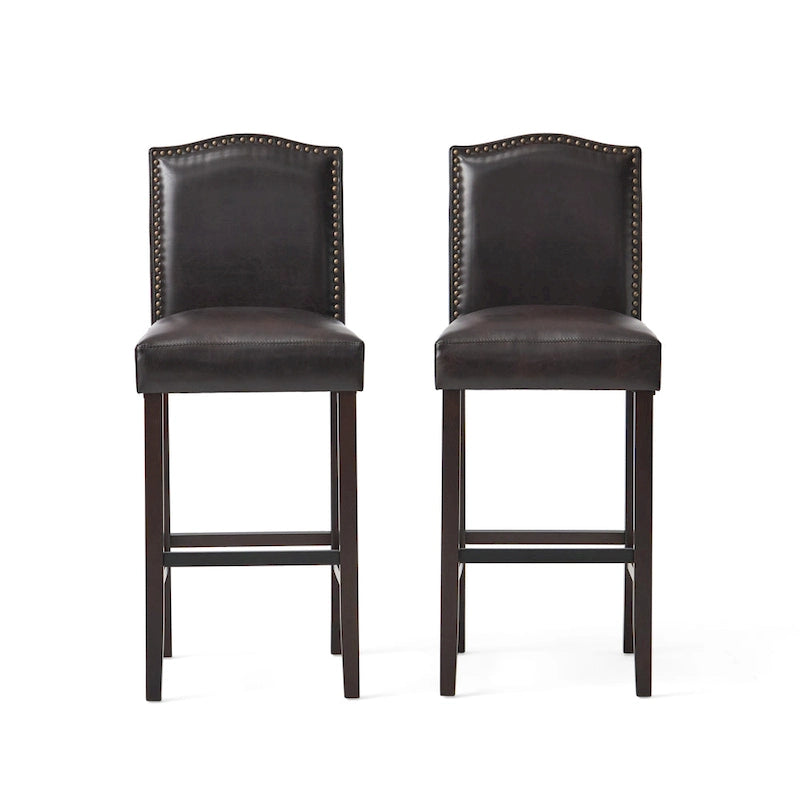Lot de 2 tabourets de bar modernes avec dossiers rembourrés en cuir, clous décoratifs et pieds en bois massif pour salle à manger, salon, bar