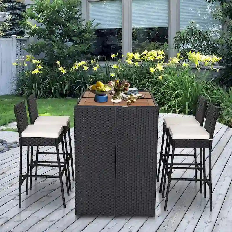 Costway Ensemble de Bar de Jardin 5 Pièces en Rotin PE et Bois d'Acacia - Voir Détails