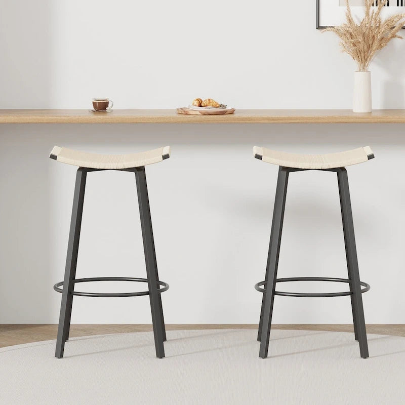 Counter Height Bar Stools, Backless Handwoven Kitchen Dining Chairs with Round Footrest Set of 2 PVC Weaving Pub Stool