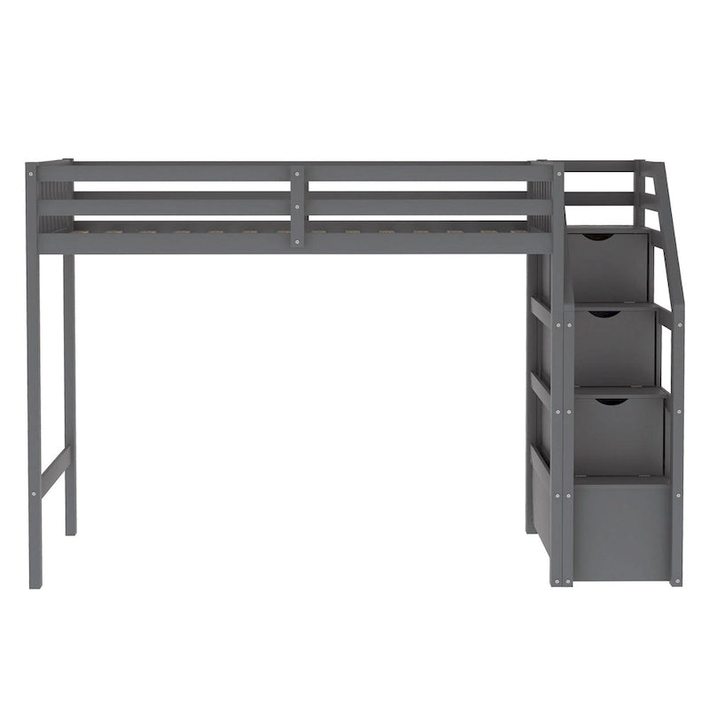 Lit mezzanine double sur lit double en bois avec escalier, balustrades hautes et échelle