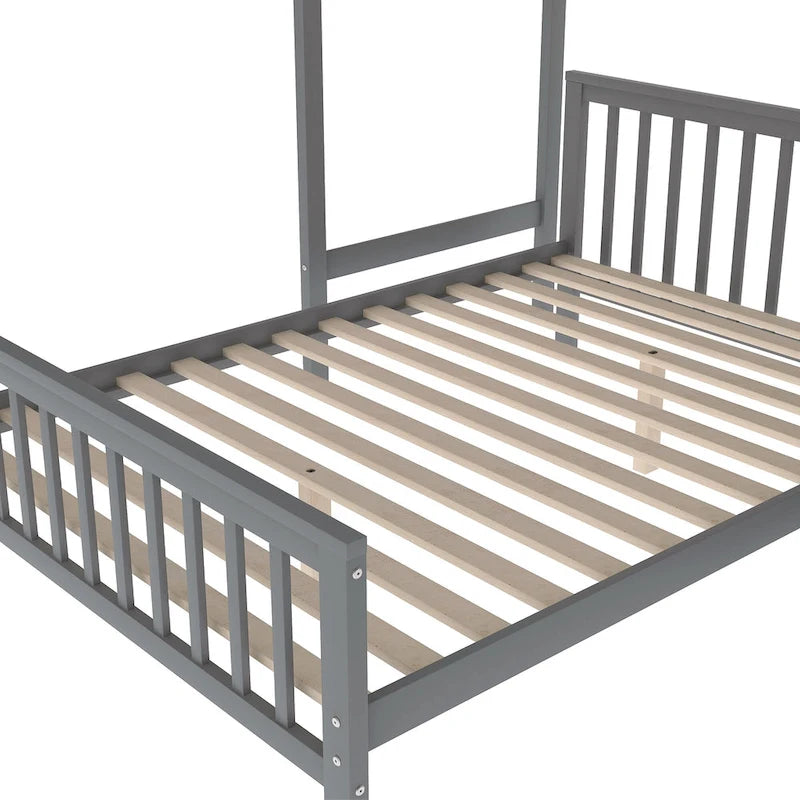 Lit mezzanine double sur lit double en bois avec escalier, balustrades hautes et échelle