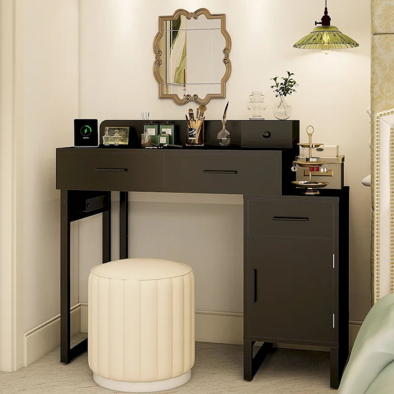 Coiffeuse réversible avec station de recharge, 4 tiroirs en bois et 1 meuble de rangement - N/A