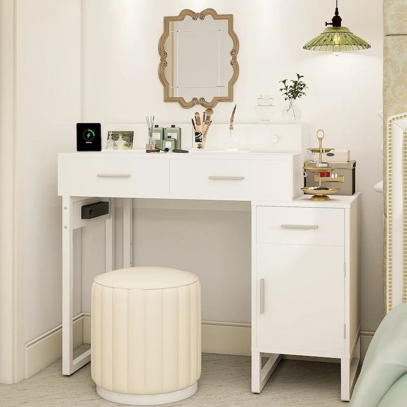 Coiffeuse réversible avec station de recharge, 4 tiroirs en bois et 1 meuble de rangement - N/A