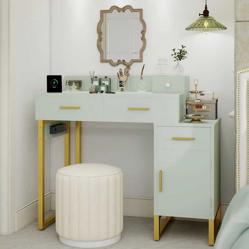 Coiffeuse réversible avec station de recharge, 4 tiroirs en bois et 1 meuble de rangement - N/A