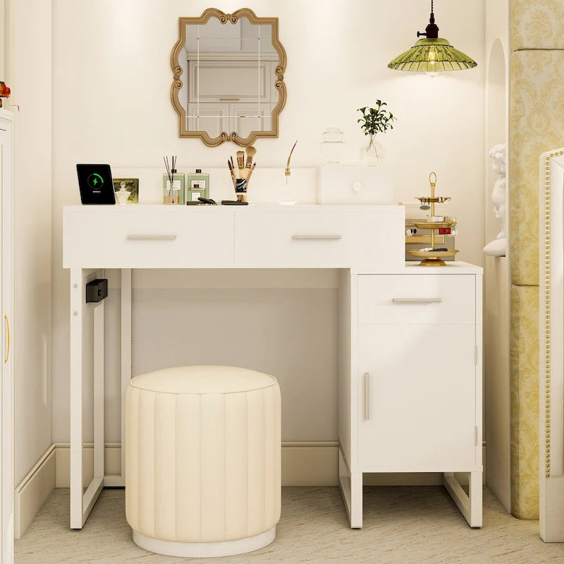 Coiffeuse réversible avec station de recharge, 4 tiroirs en bois et 1 meuble de rangement - N/A
