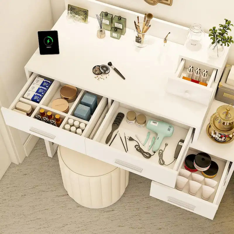 Coiffeuse réversible avec station de recharge, 4 tiroirs en bois et 1 meuble de rangement - N/A