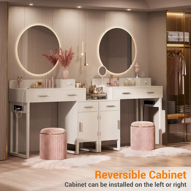 Coiffeuse réversible avec station de recharge, 4 tiroirs en bois et 1 meuble de rangement - N/A