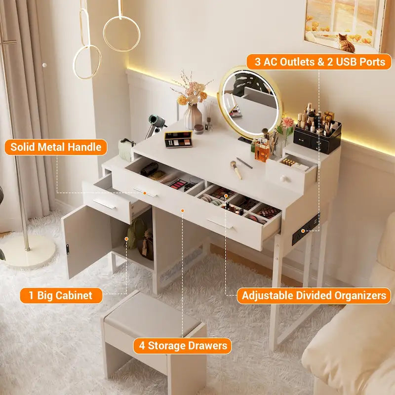 Coiffeuse réversible avec station de recharge, 4 tiroirs en bois et 1 meuble de rangement - N/A