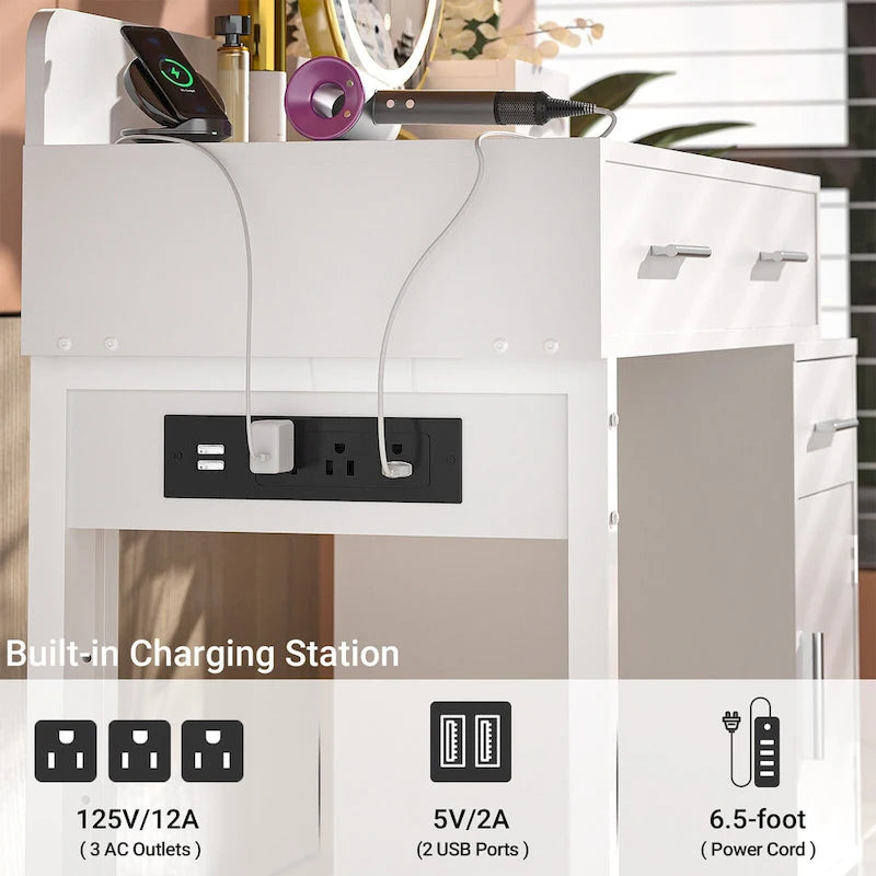 Coiffeuse réversible avec station de recharge, 4 tiroirs en bois et 1 meuble de rangement - N/A