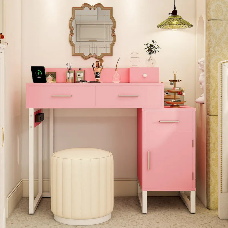 Coiffeuse réversible avec station de recharge, 4 tiroirs en bois et 1 meuble de rangement - N/A