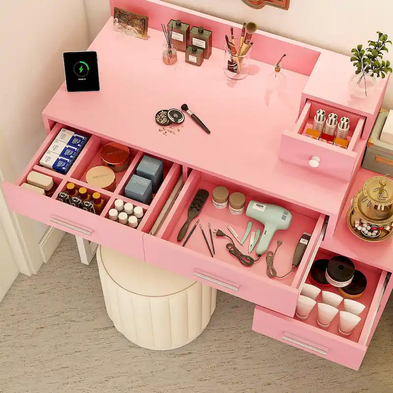 Coiffeuse réversible avec station de recharge, 4 tiroirs en bois et 1 meuble de rangement - N/A