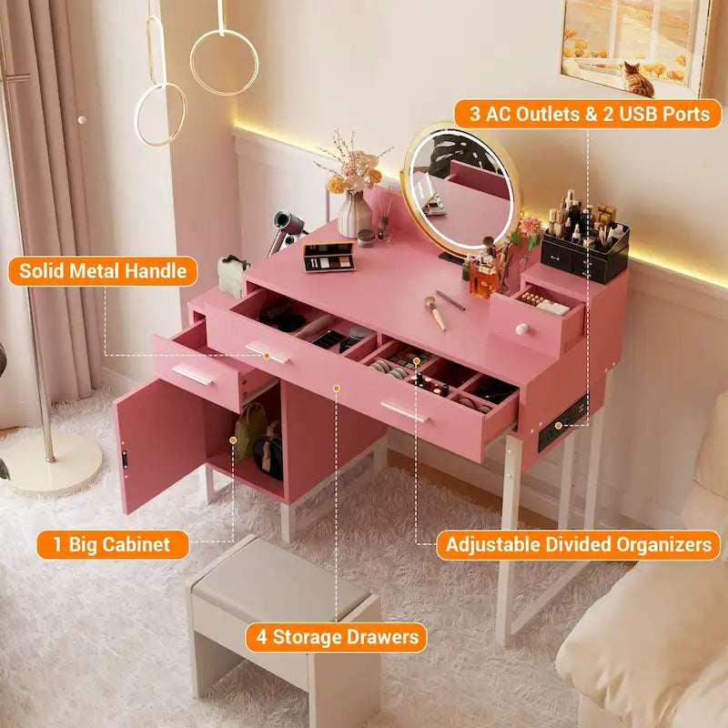 Coiffeuse réversible avec station de recharge, 4 tiroirs en bois et 1 meuble de rangement - N/A