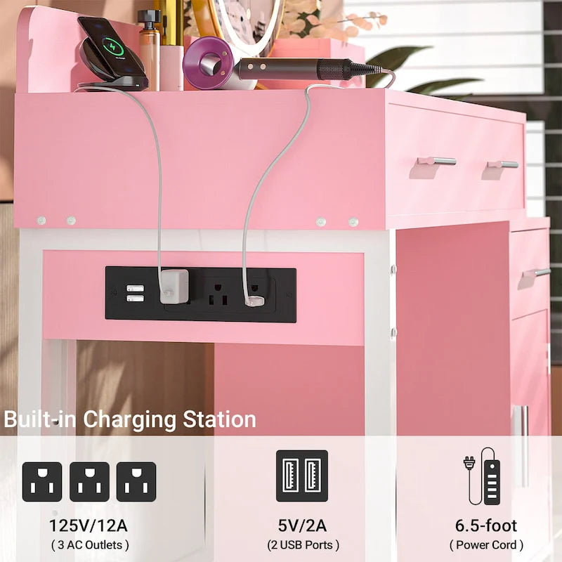 Coiffeuse réversible avec station de recharge, 4 tiroirs en bois et 1 meuble de rangement - N/A