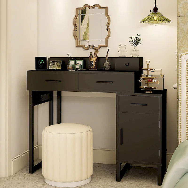Coiffeuse réversible avec station de recharge, 4 tiroirs en bois et 1 meuble de rangement - N/A