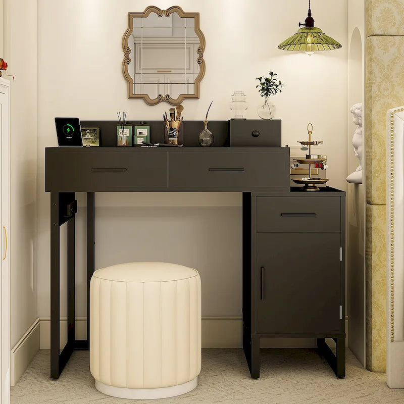 Coiffeuse réversible avec station de recharge, 4 tiroirs en bois et 1 meuble de rangement - N/A
