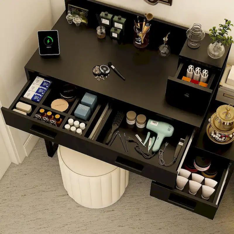 Coiffeuse réversible avec station de recharge, 4 tiroirs en bois et 1 meuble de rangement - N/A