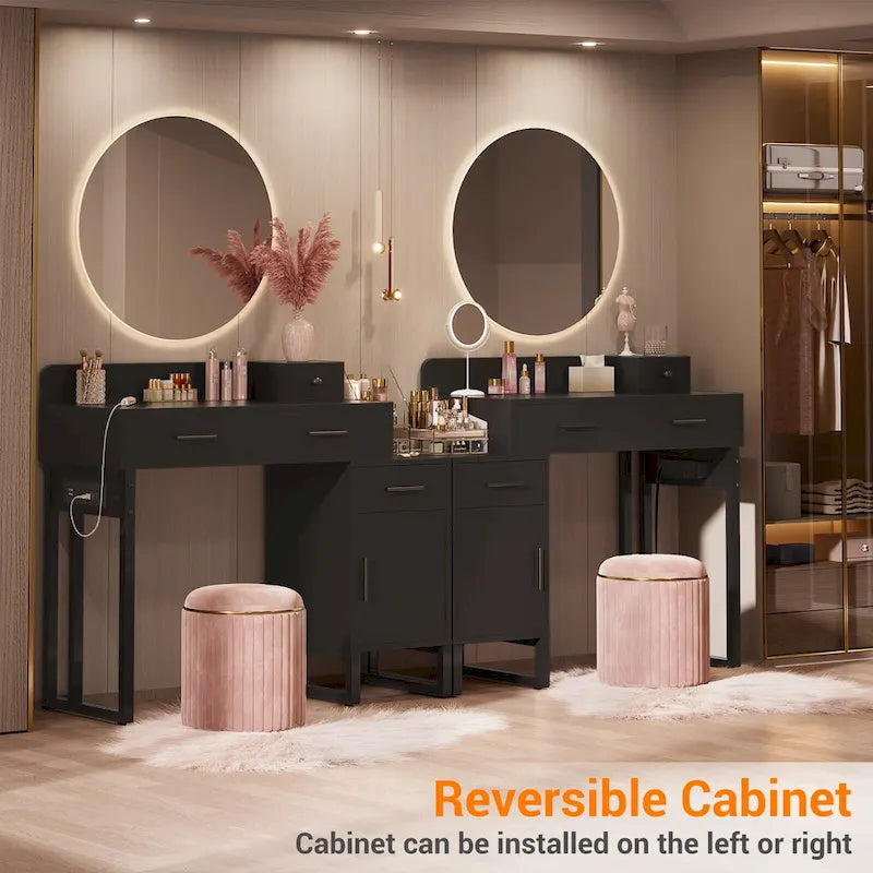 Coiffeuse réversible avec station de recharge, 4 tiroirs en bois et 1 meuble de rangement - N/A