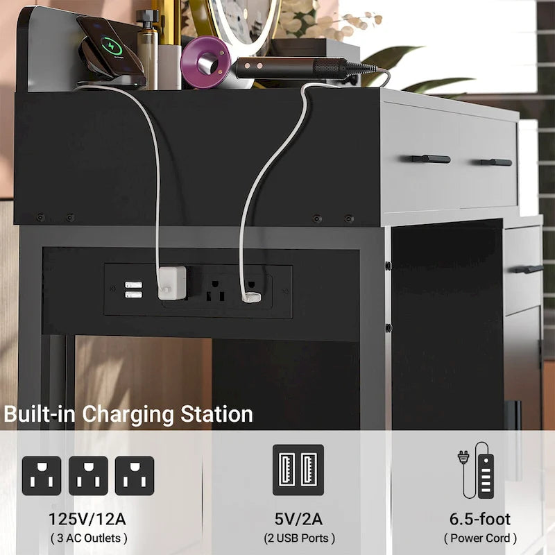 Coiffeuse réversible avec station de recharge, 4 tiroirs en bois et 1 meuble de rangement - N/A