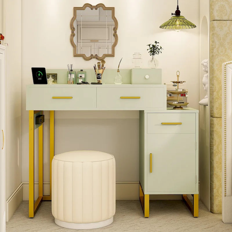 Coiffeuse réversible avec station de recharge, 4 tiroirs en bois et 1 meuble de rangement - N/A