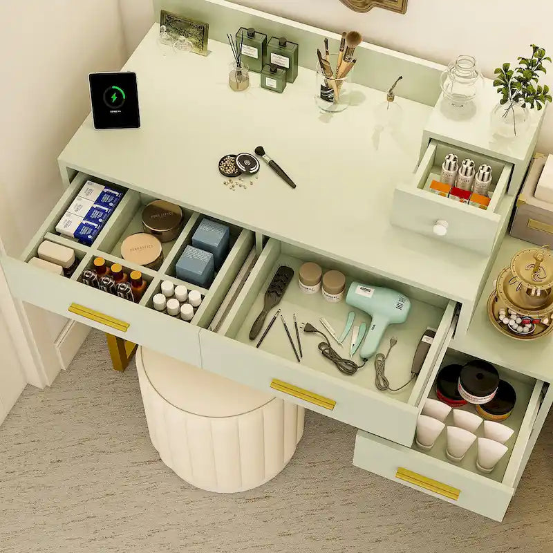 Coiffeuse réversible avec station de recharge, 4 tiroirs en bois et 1 meuble de rangement - N/A